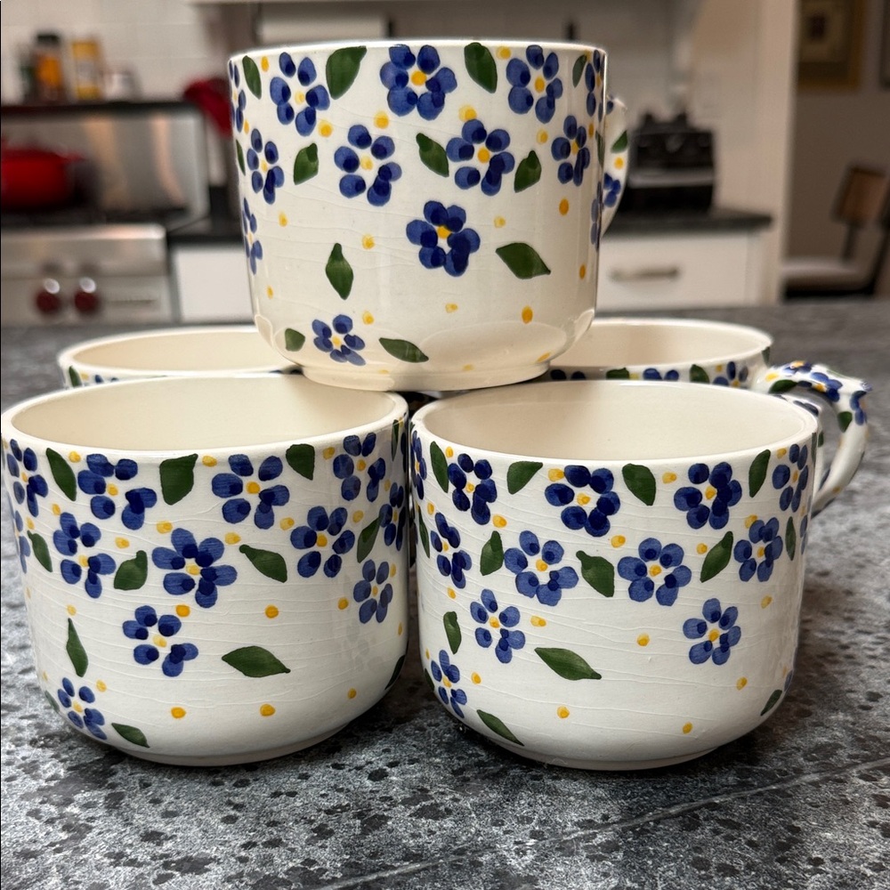Blue & White Floral Ceramic Mug Set — Handpainted White Mugs w/ Yellow Accents